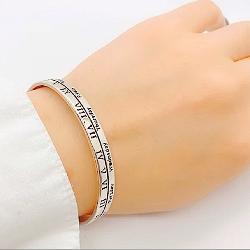 Sterling Silver Roman Numeral Bangle Cuff Bracelet - Picture 2 of 14